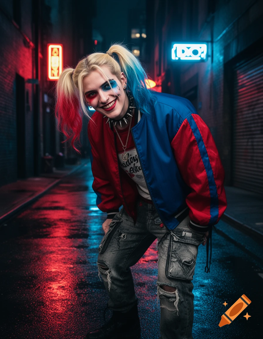 A person in a Harley Quinn-inspired costume with blonde and blue-red pigtails, a spiked choker, and a red and blue jacket, smiles in a neon-lit alley.