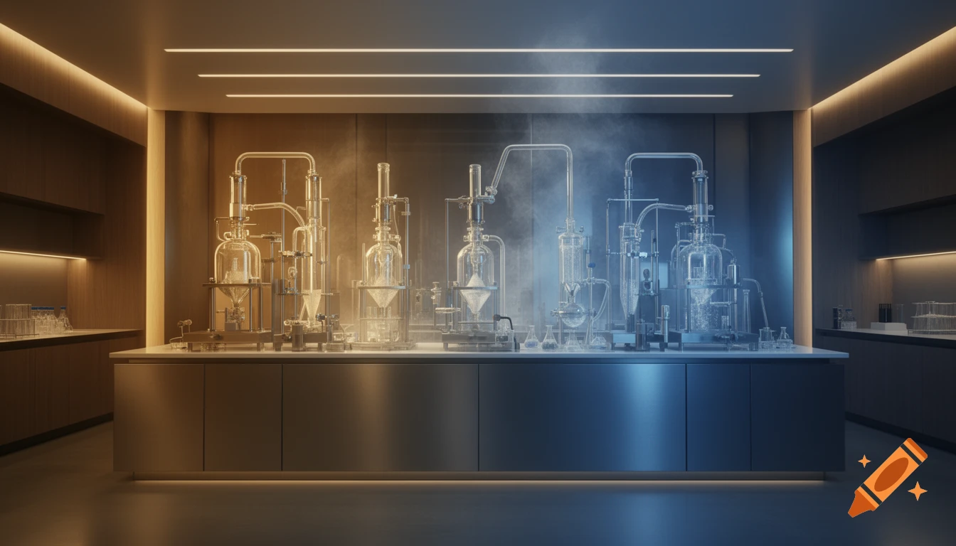 A modern, photorealistic research laboratory with automated glass equipment, illuminated by warm gold and cool blue cinematic lighting.