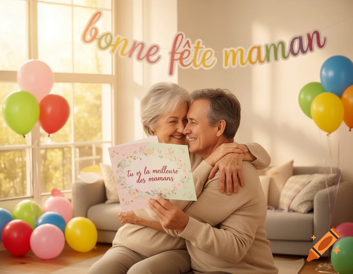 Elderly couple embraces, holding a 'Tu es la meilleure des mamans' card, surrounded by balloons and a 'Bonne Fête Maman' banner in a bright room.