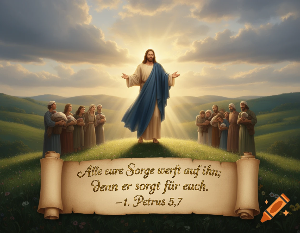 Jesus with outstretched arms on a grassy hill surrounded by people, golden light, and a scroll with a German Bible verse.
