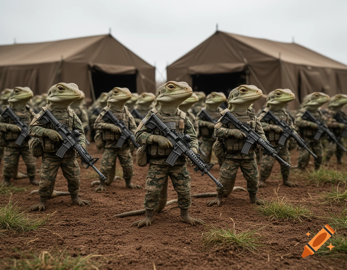 An army of anthropomorphic lizards wearing US soldier uniforms and holding assault rifles stands in formation in front of military tents on a dirt field.