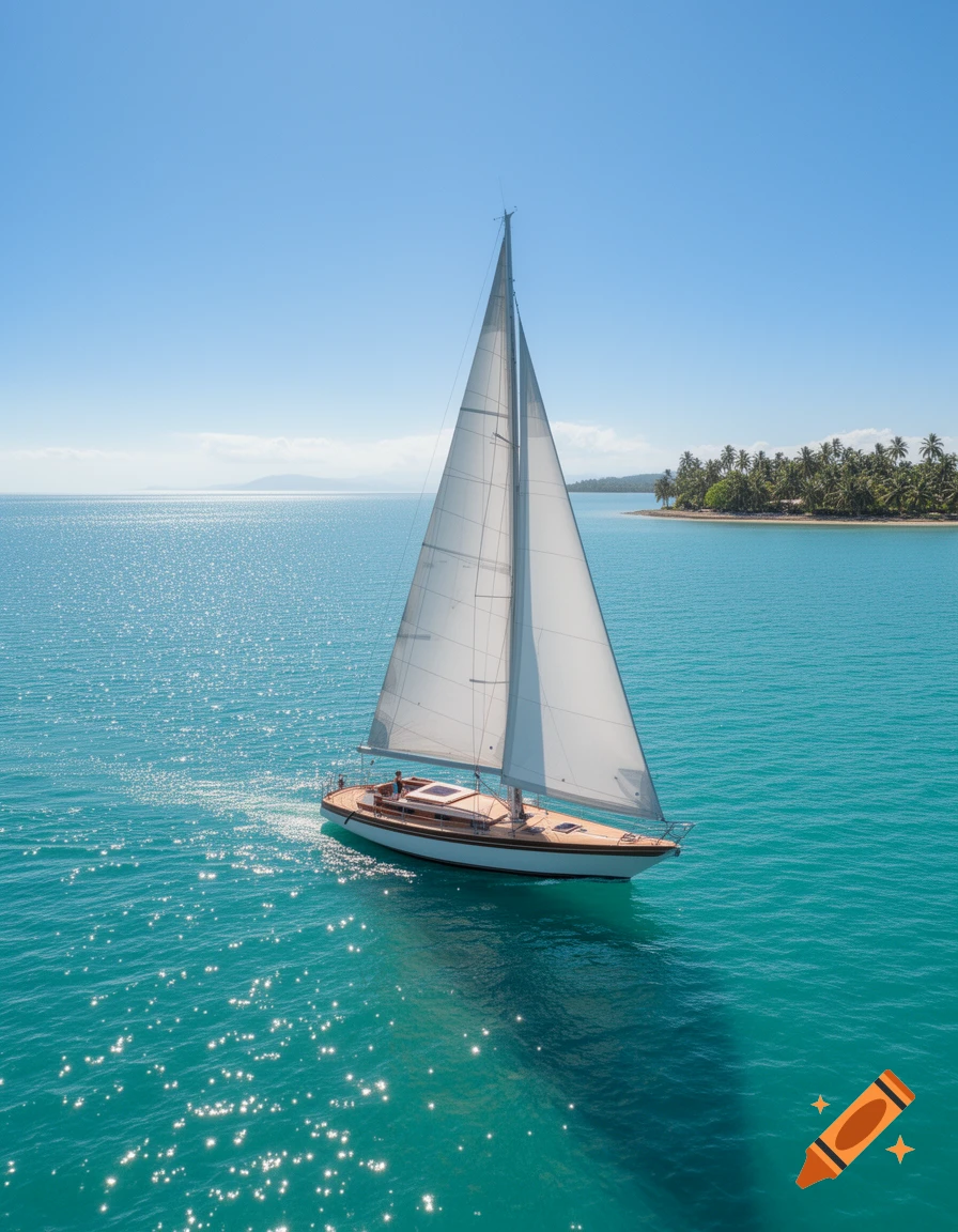 A white sailboat with wooden trim sails on a bright blue ocean toward a tropical island, under a clear sky.