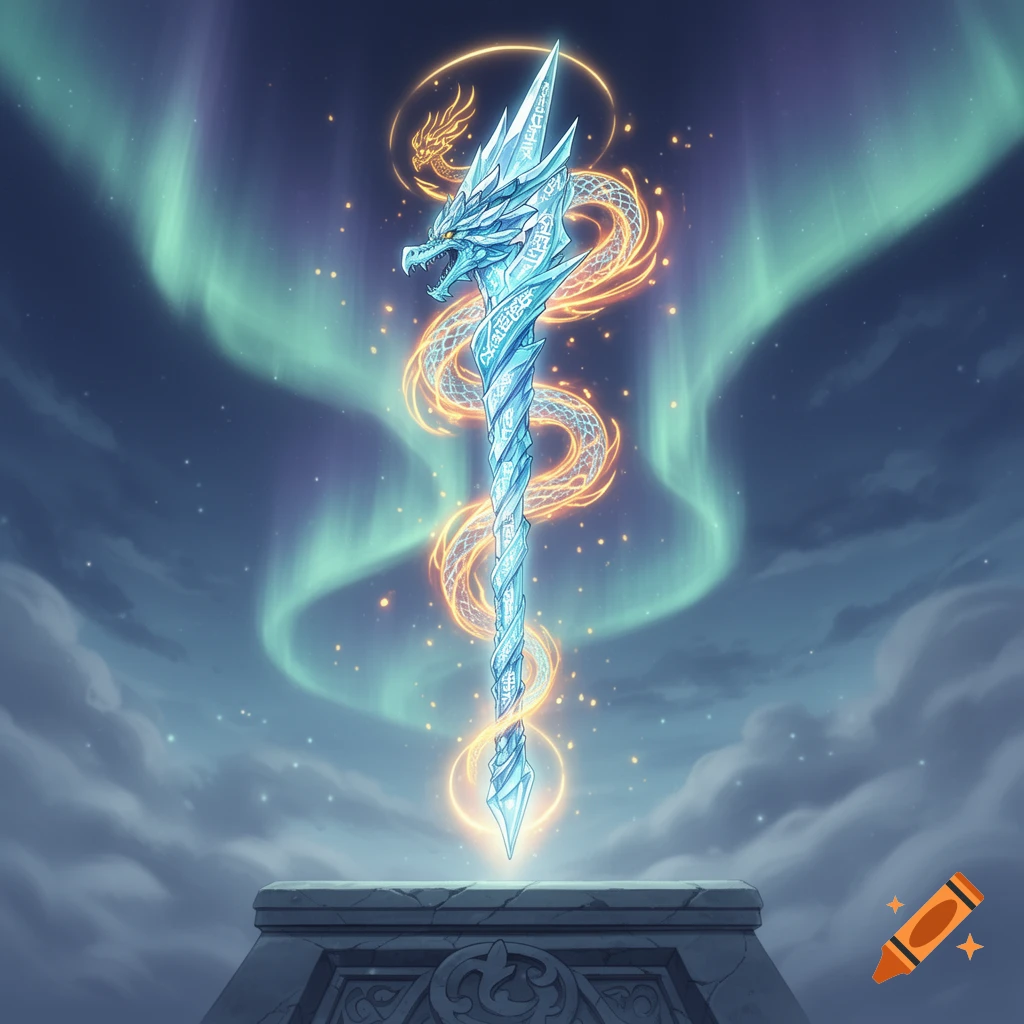 An ornate, glowing blue ice spear with a dragon head at the top, wrapped by an orange fiery dragon, set against a night sky with aurora borealis, in an anime style.