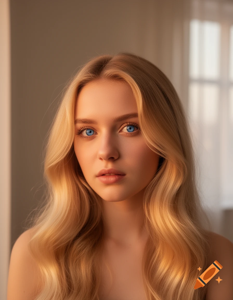 Photorealistic portrait of a young blonde woman with striking blue eyes, illuminated by warm sunlight.