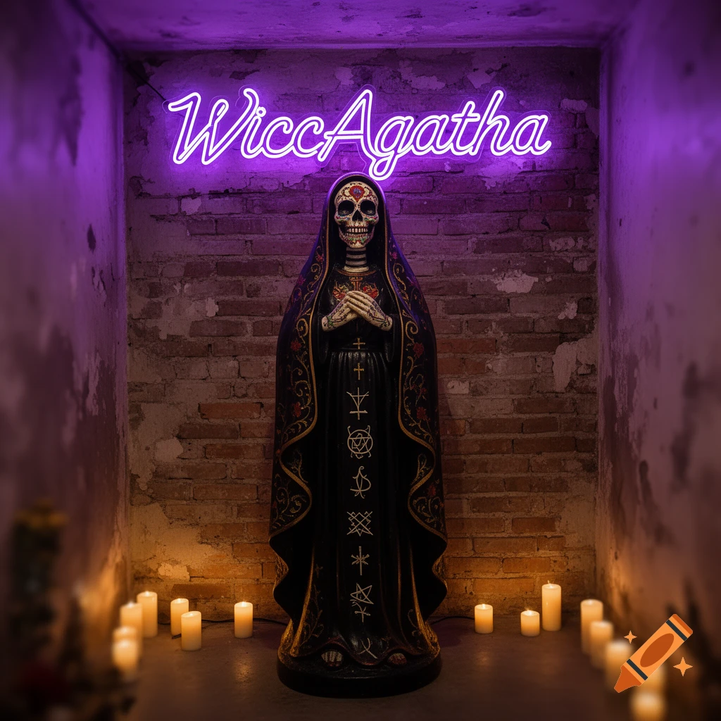 A Santa Muerte statue in a dark brick room, illuminated by a purple neon sign 'WiccAgatha' and candles on the floor.