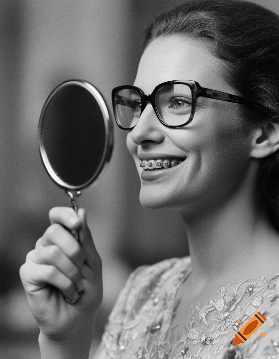 A smiling woman in profile, wearing vintage glasses and braces, looking into a hand mirror, in a black and white fine art photo.