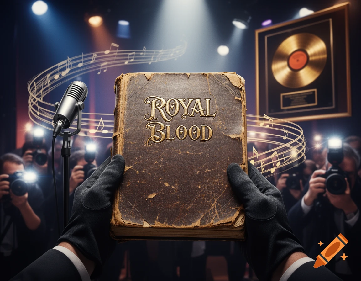 Gloved hands hold an old book titled “ROYAL BLOOD” amidst paparazzi flashes, a microphone, music notes, and a gold record plaque. Photorealistic.