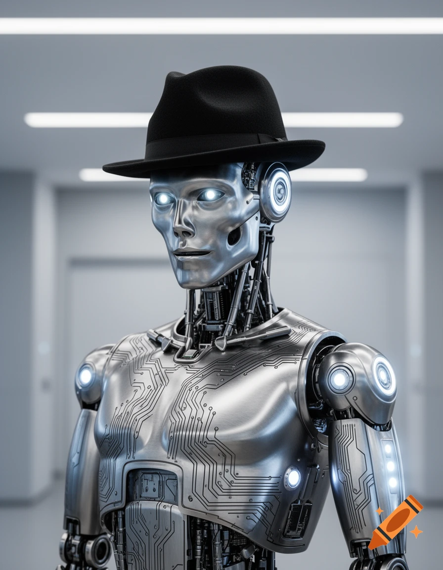 A detailed silver robot with glowing eyes and a black fedora hat stands in a minimalist, brightly lit room.