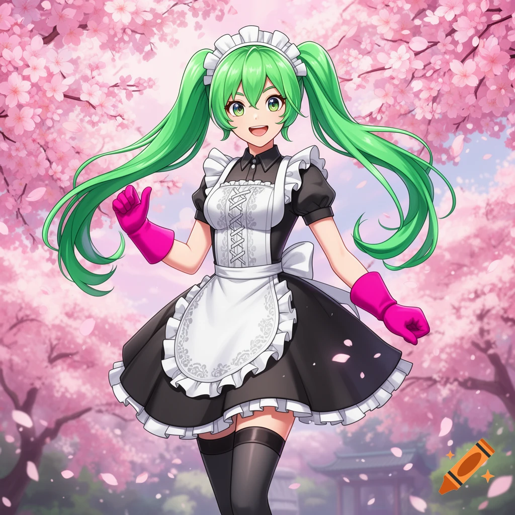 An anime girl with bright green pigtails, wearing a black and white maid outfit with pink mittens, smiles in a cherry blossom garden.