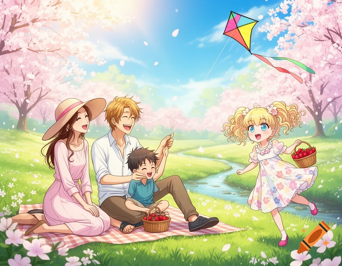 A happy anime family has a picnic in a park filled with cherry blossoms, a girl runs with strawberries, and a kite flies.