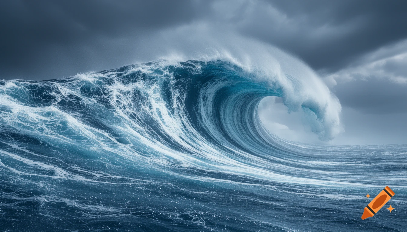 A massive, photorealistic ocean wave with a curling crest under a dramatic, stormy sky.