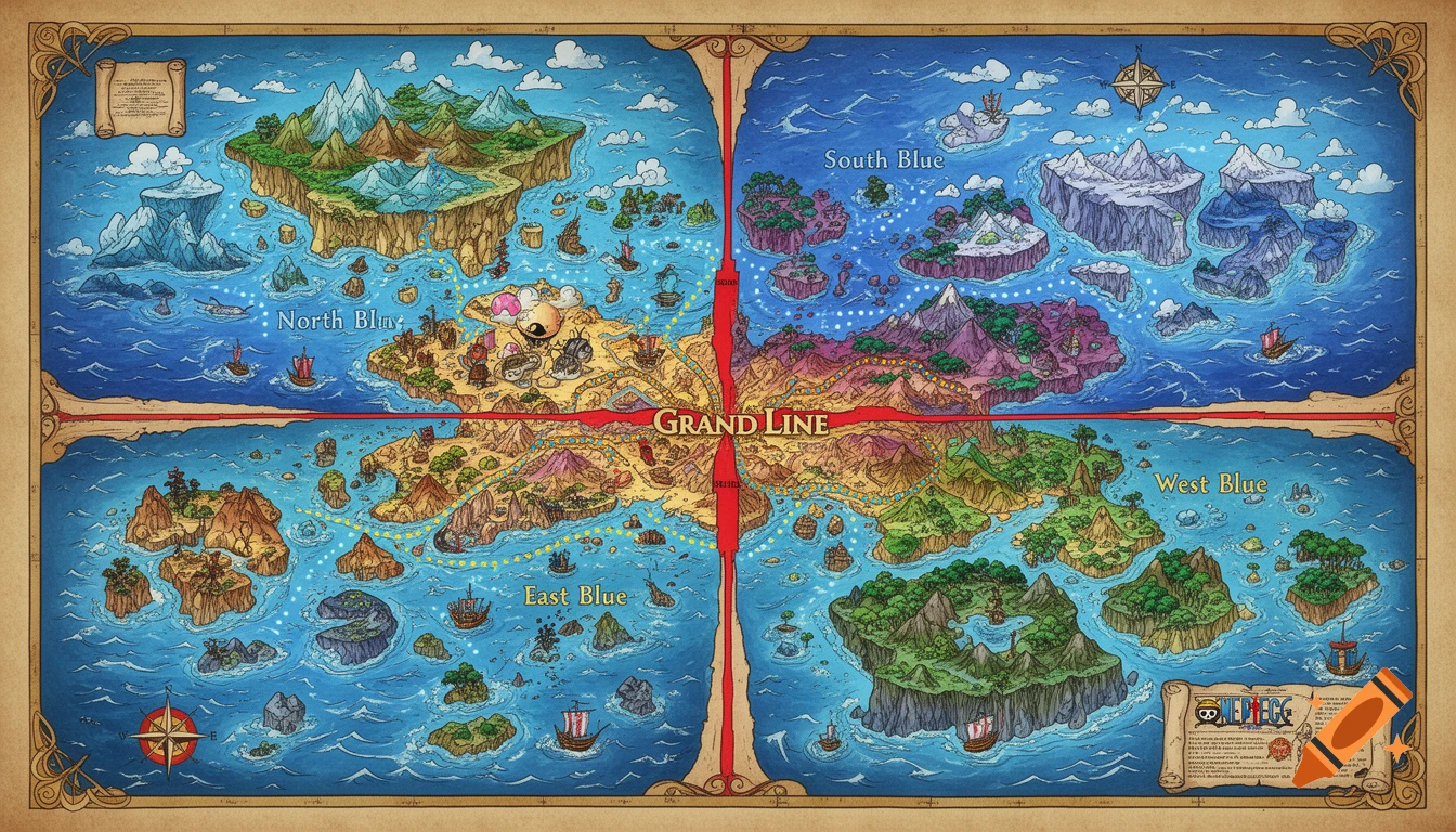 A detailed, colorful fantasy map of the One Piece world, showing the Grand Line and four Blues with various islands and ships.