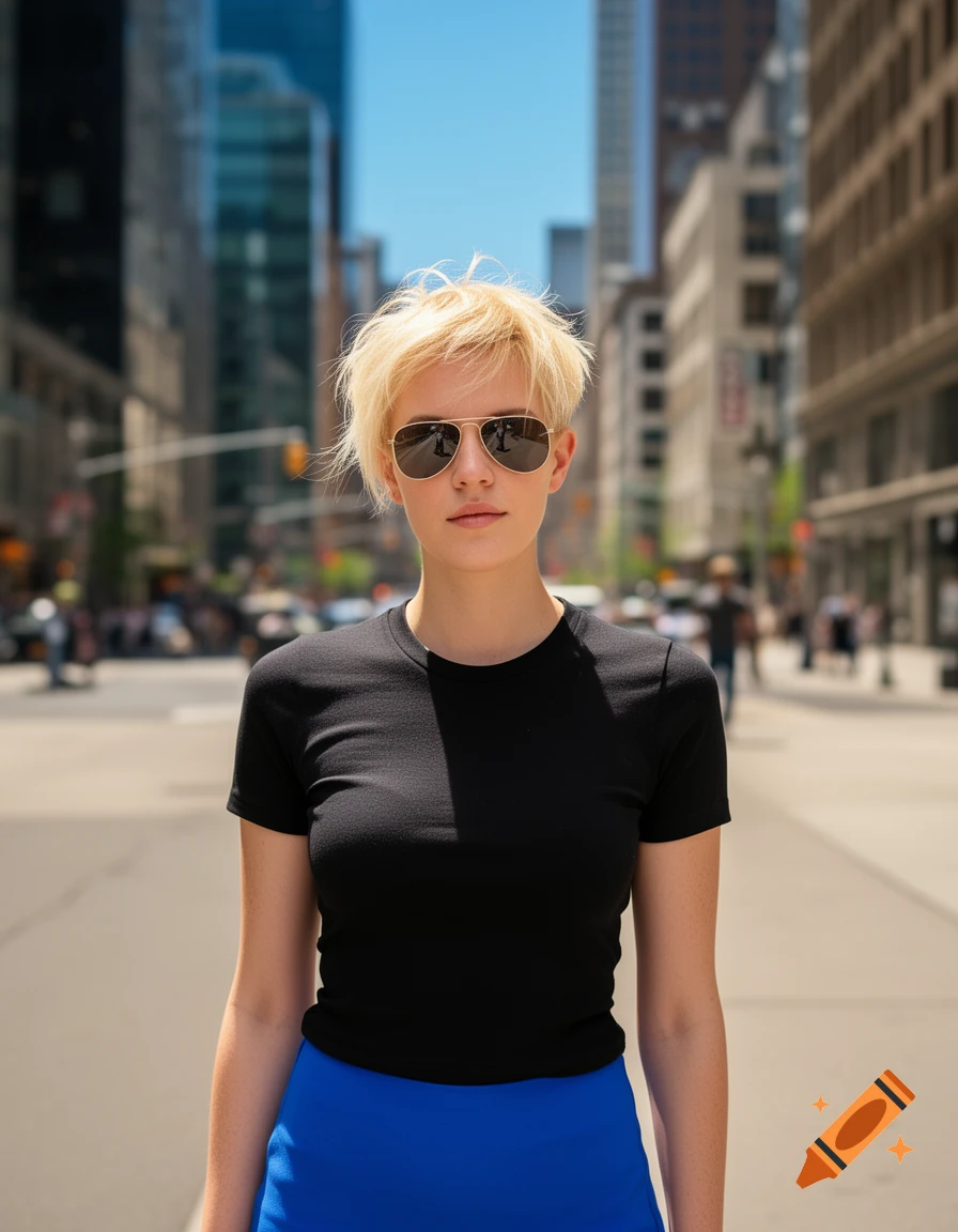 A young woman with short blonde hair and sunglasses, wearing a black t-shirt and blue skirt, stands on a city street.
