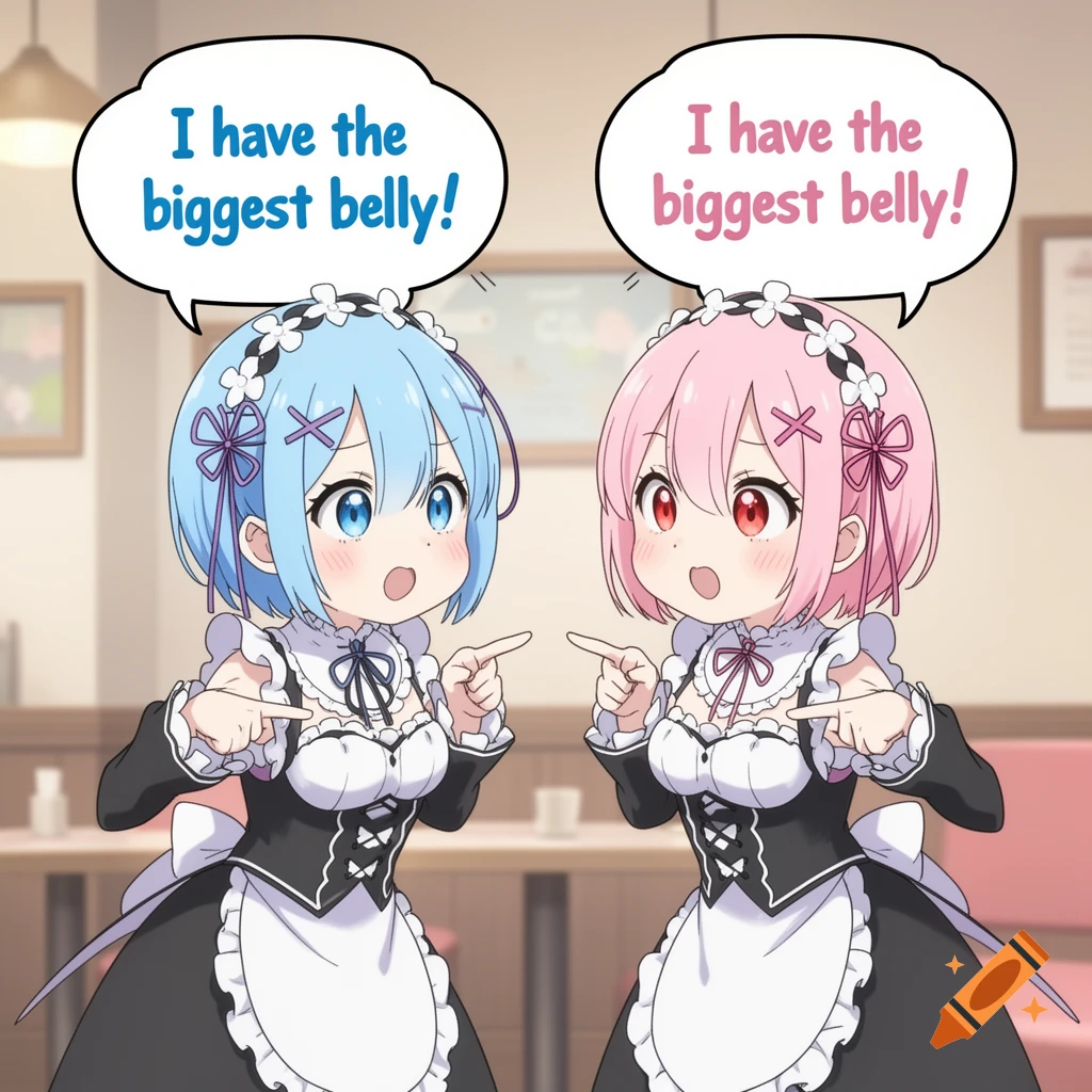 Anime characters Rem and Ram in maid outfits point at themselves, each exclaiming, "I have the biggest belly!"