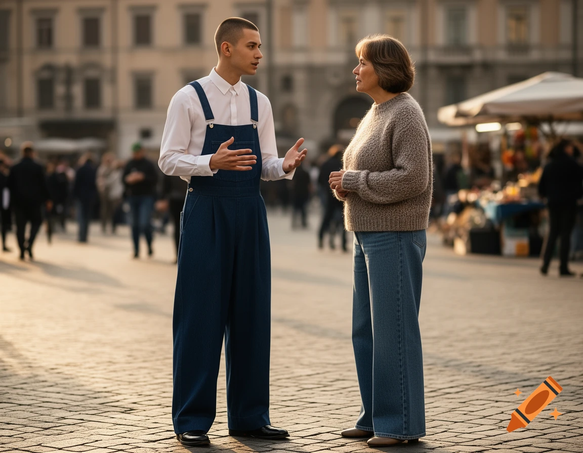 A young man in oversized blue overalls and a white shirt talks to a middle-aged woman in a brown sweater and wide jeans in a sunny city square.