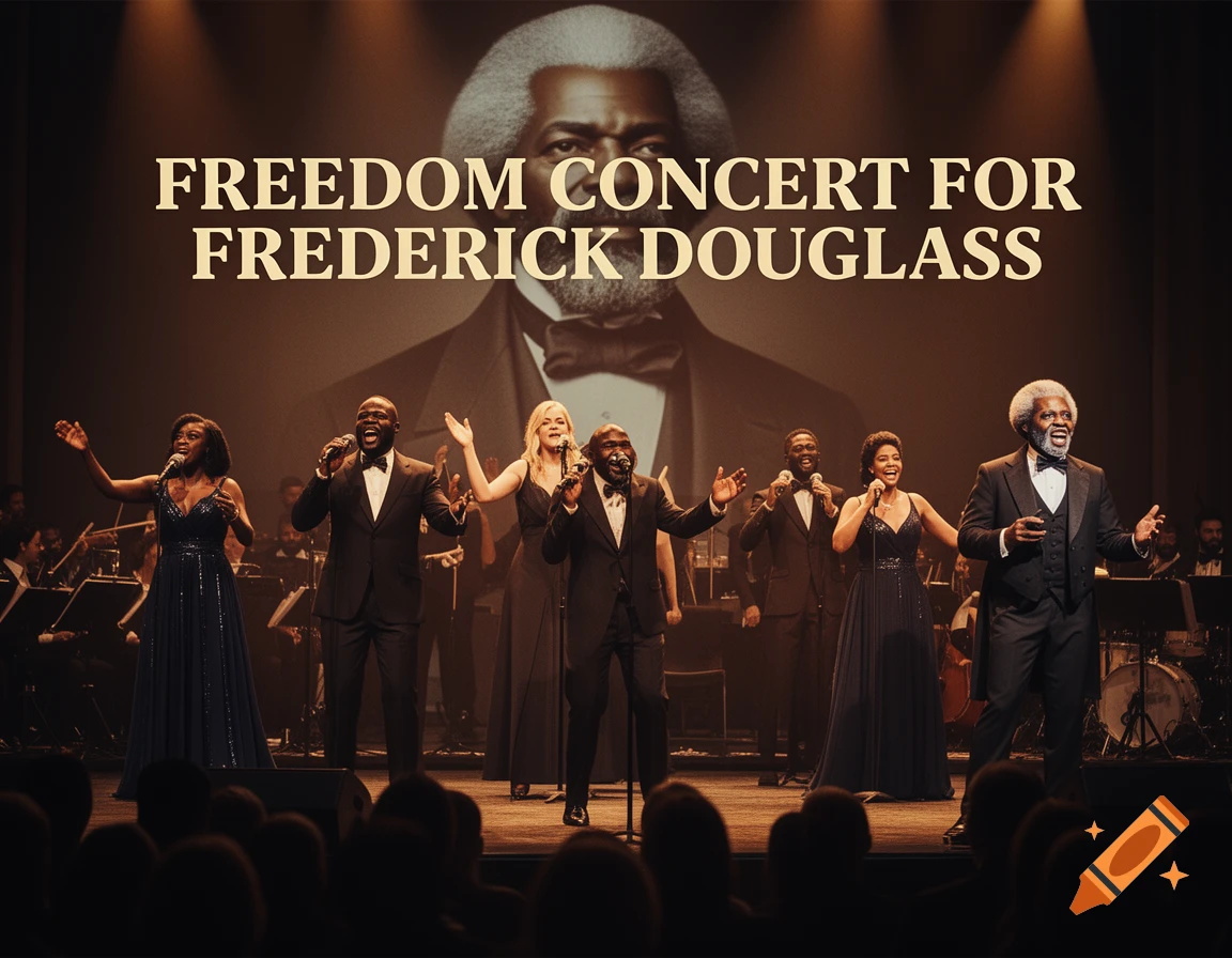 A concert stage with six elegantly dressed singers, three men and three women, performing under spotlights, with a large black-and-white image of Frederick Douglass projected behind them. The words "FREEDOM CONCERT FOR FREDERICK DOUGLASS" are prominently displayed on the projection.
