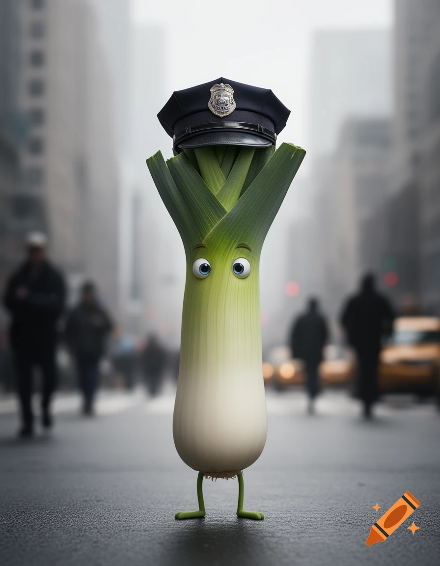 An anthropomorphic leek with big eyes and thin legs wears a police hat, standing on a city street.