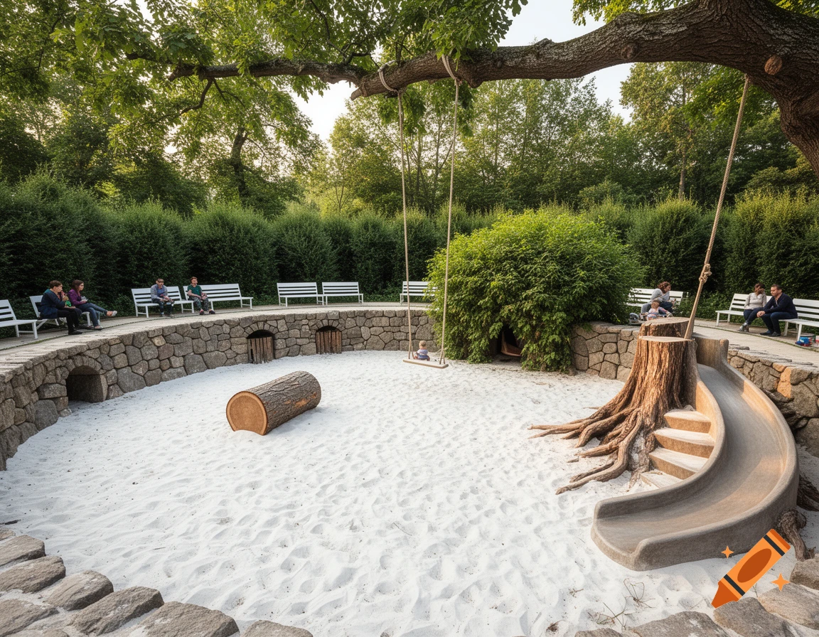 A round white sand playground with a stone wall and benches where people sit. A large tree branch holds a swing and a slide, with a log and bush within the sand area.