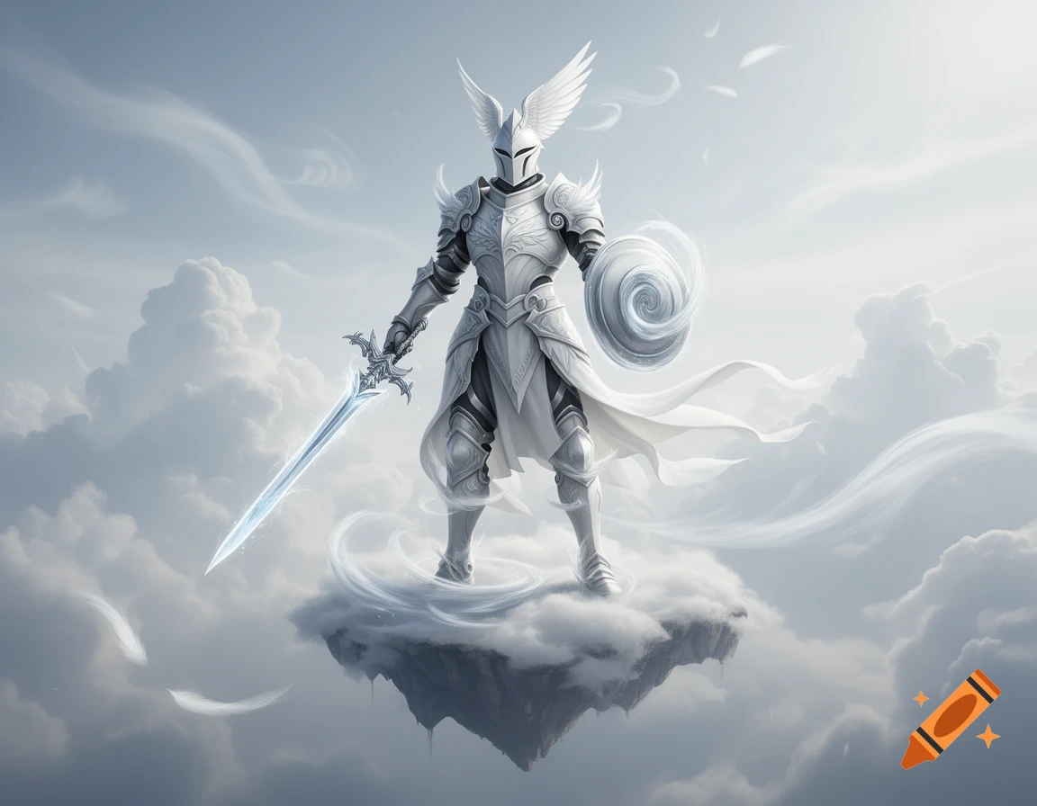 A knight in gleaming white and silver armor with a winged helmet and glowing sword stands on a floating cloud island in a serene sky.