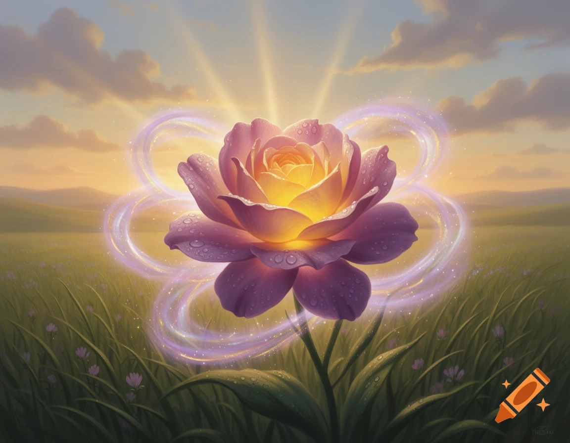 A mystical pink and yellow flower with water droplets and a glowing magical aura in a green field under a sunset sky.