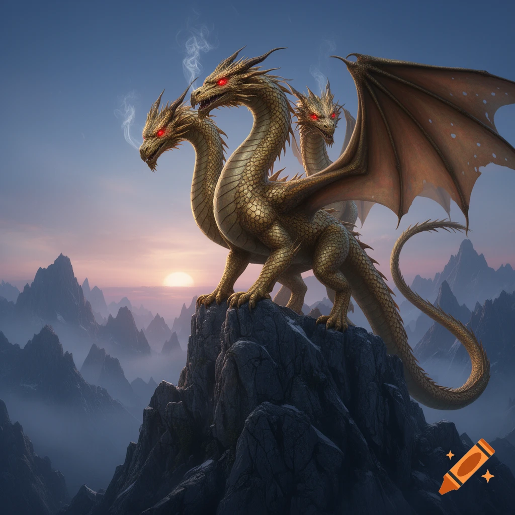 A magnificent three-headed golden dragon with red eyes perches on a rocky mountain peak at sunset, with misty mountains.