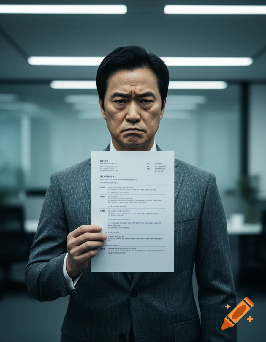 A middle-aged Korean man in a corporate suit with a condescending expression holds a resume paper in an office.