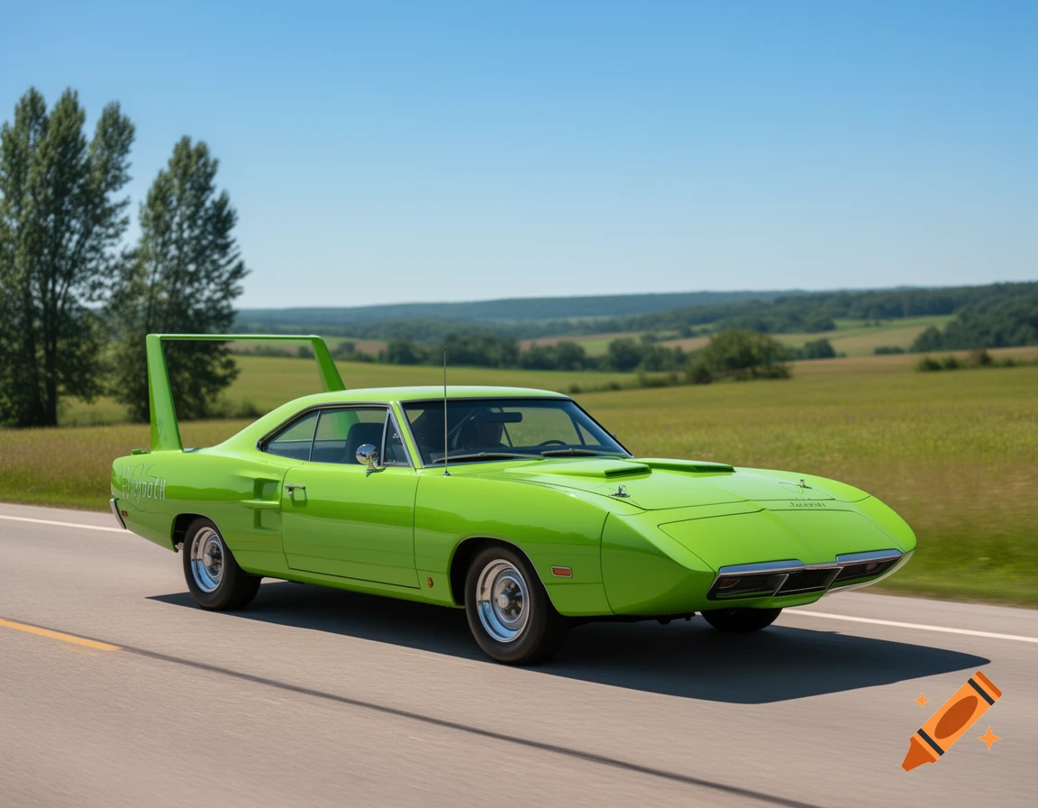 Bright green Plymouth Superbird muscle car drives on a rural road with green fields and trees under a blue sky.