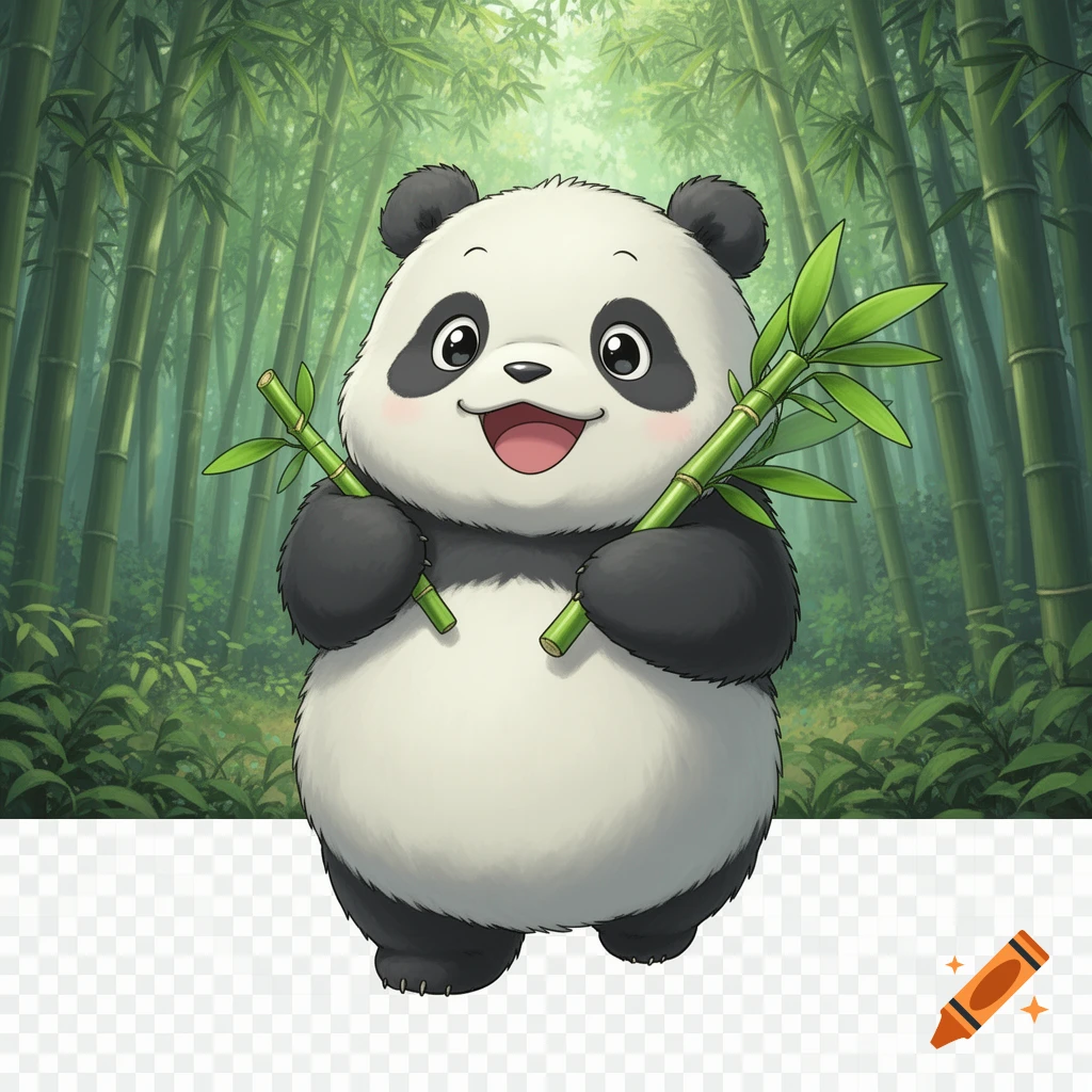 A cute, smiling, Studio Ghibli-style panda with sparkling eyes holds bamboo shoots in a lush bamboo forest.