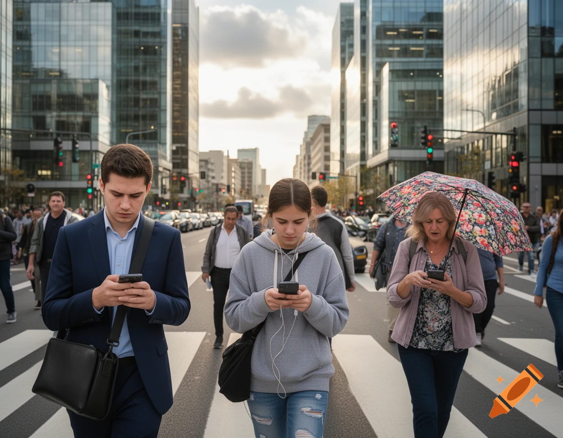 Three people focused on their phones cross a busy urban street with modern glass buildings in the background.