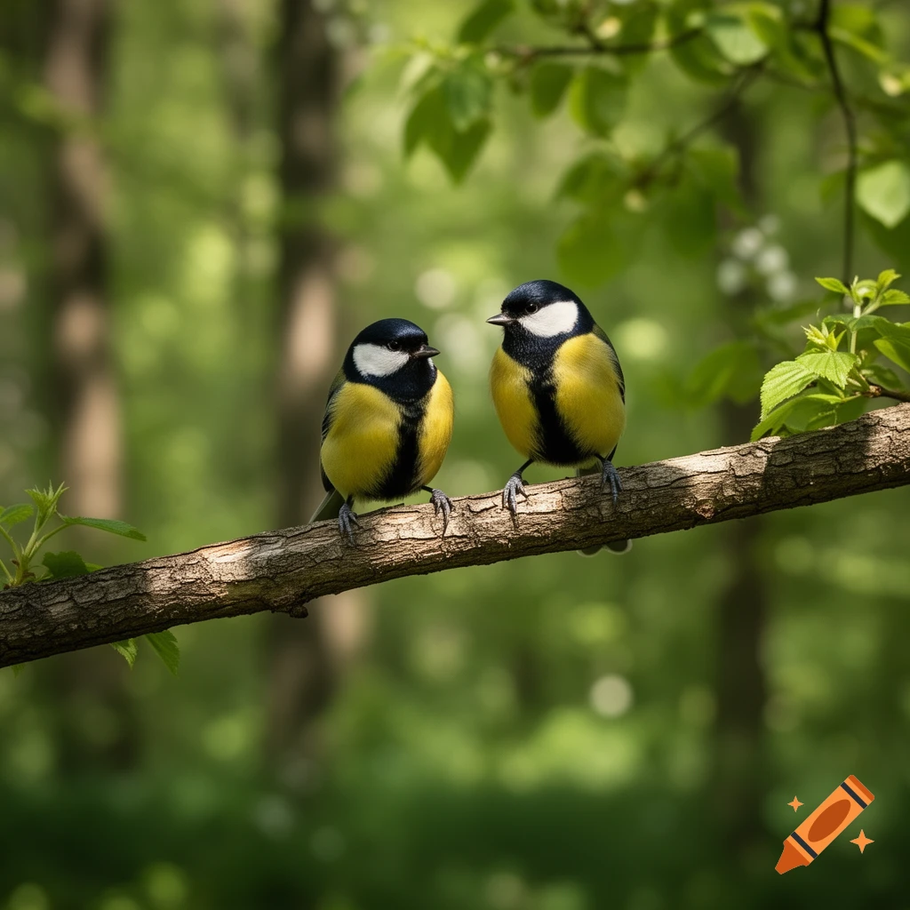 Two yellow and black Great Tits perched on a branch in a lush green forest.