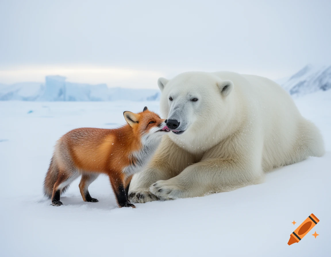 A photorealistic image of a red fox licking the nose of a large white polar bear in a snowy arctic landscape.