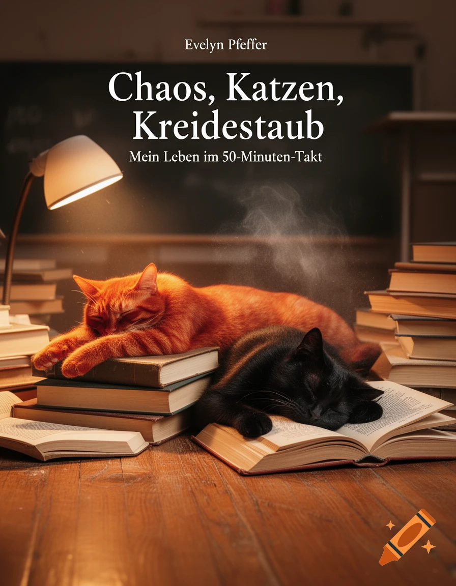 Photorealistic book cover shows an orange cat and a black cat sleeping on stacks of books on a wooden desk, under a warm lamp light.