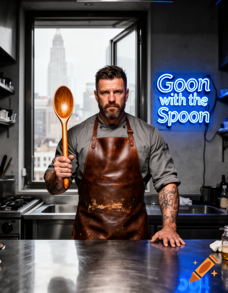 A serious man in a chef's apron holds a large wooden spoon in a modern kitchen with a city skyline view and a 'Goon with the Spoon' neon sign.