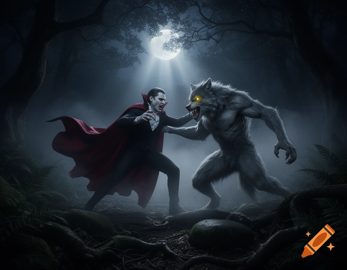 A vampire in a red cape battles a growling werewolf in a dark, mystical forest under a full moon.