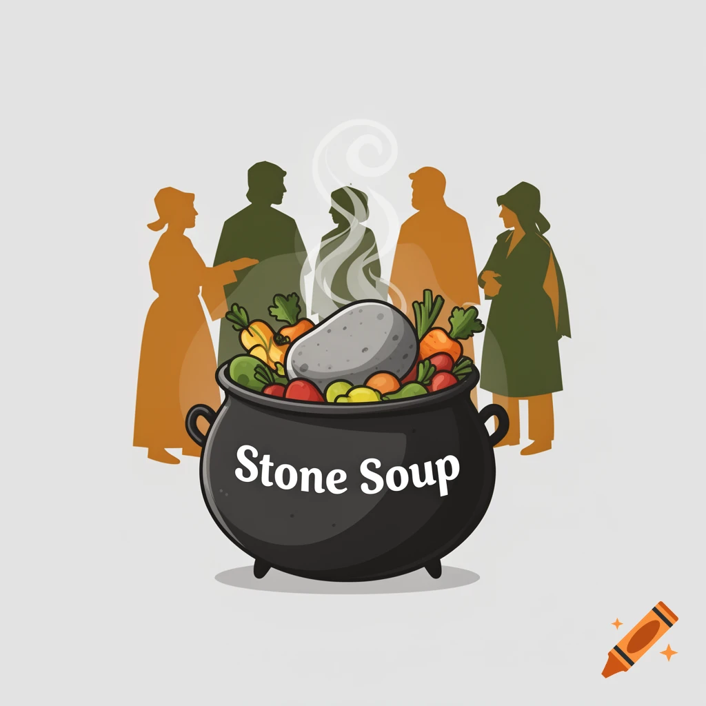 A stylized drawing of a black cauldron filled with vegetables and a large stone, labeled 'Stone Soup', with silhouetted figures in the background.