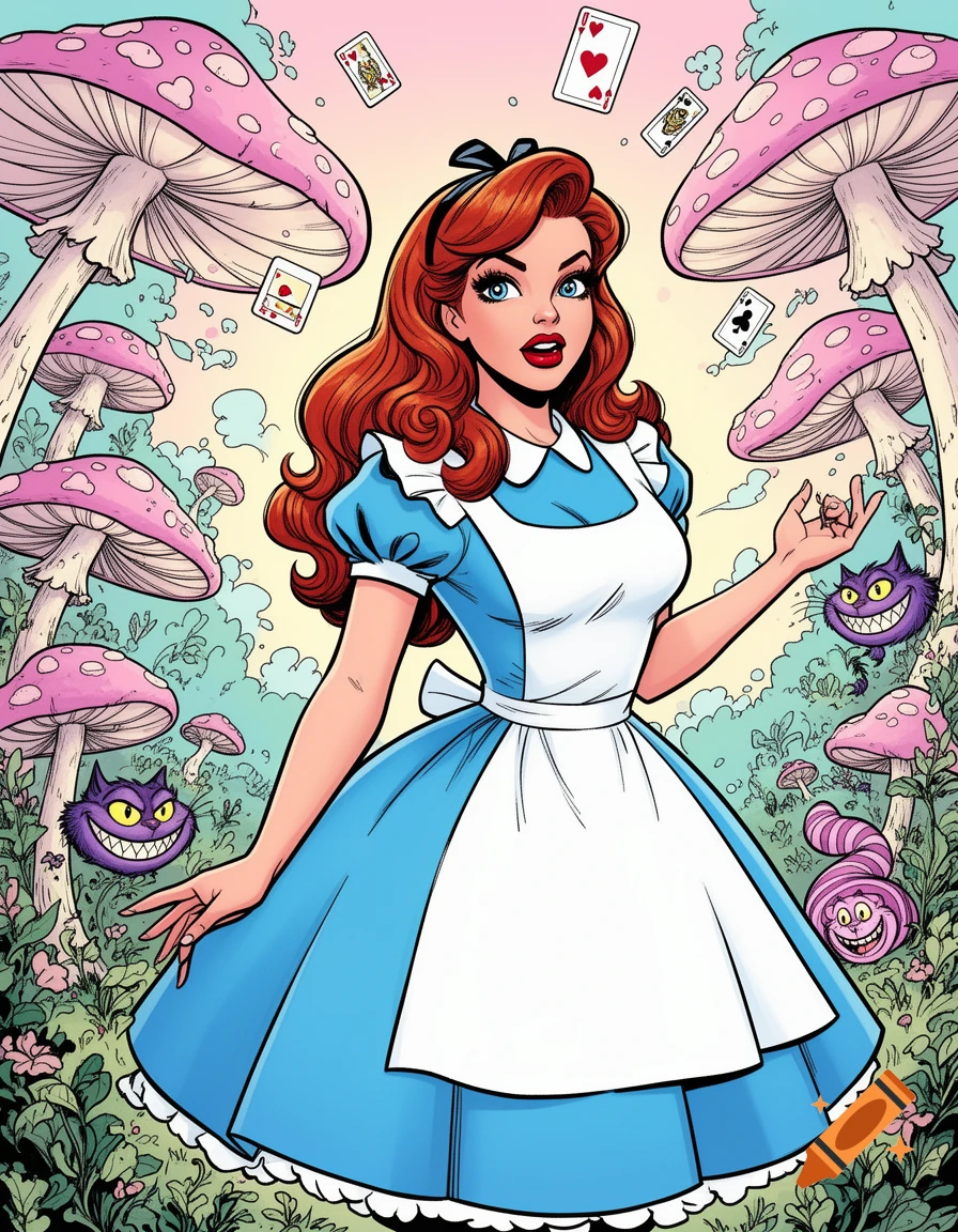 Comic art of red-haired Alice in Wonderland amidst pink mushrooms, floating playing cards, and grinning Cheshire Cats.