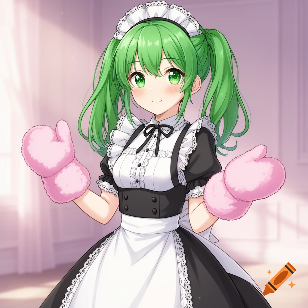 An anime girl with bright green hair in pigtails wears a maid outfit and fuzzy pink mittens.