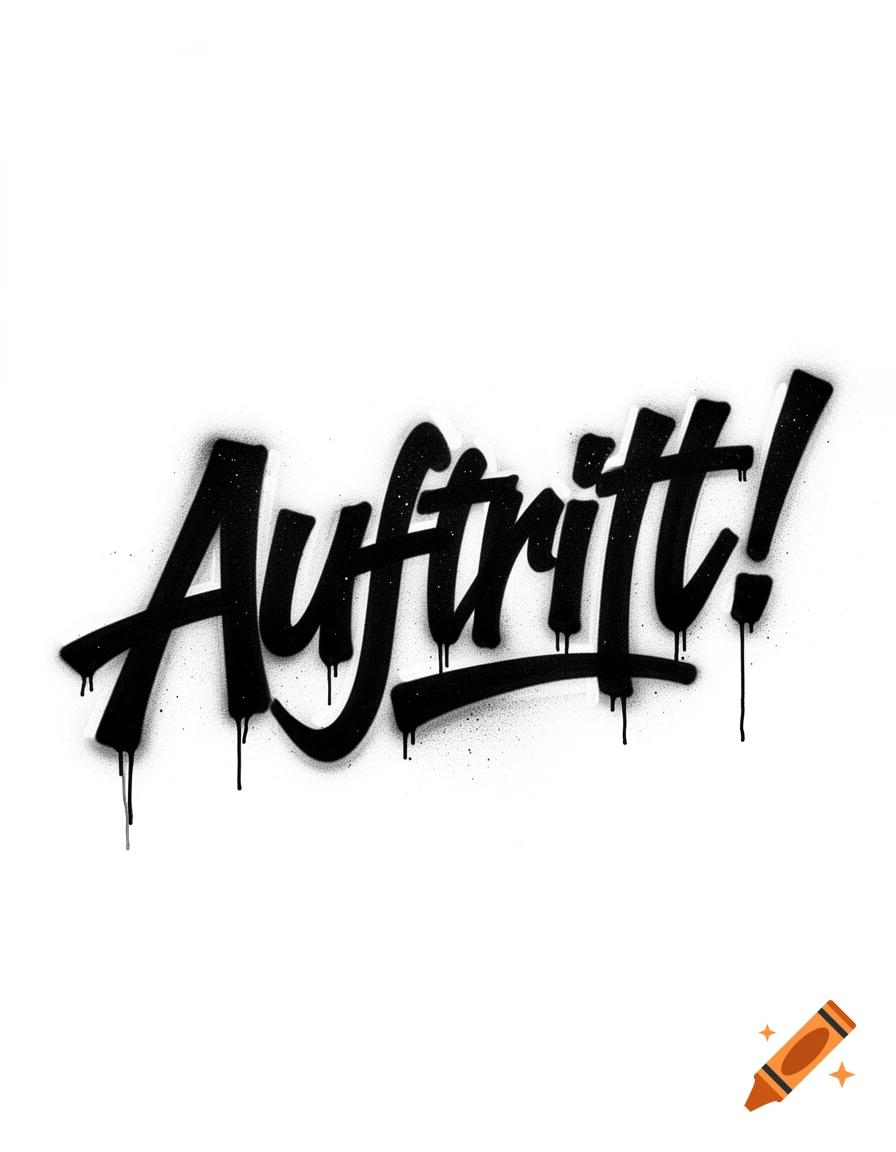 The German word "Auftritt!" rendered in bold black graffiti script with drips and spray paint texture on a white background.