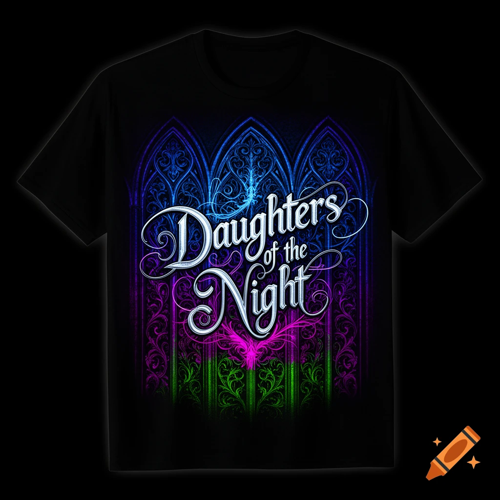 Black t-shirt with a vibrant neon blue, purple, and green gothic design featuring the text "Daughters of the Night" in white script.