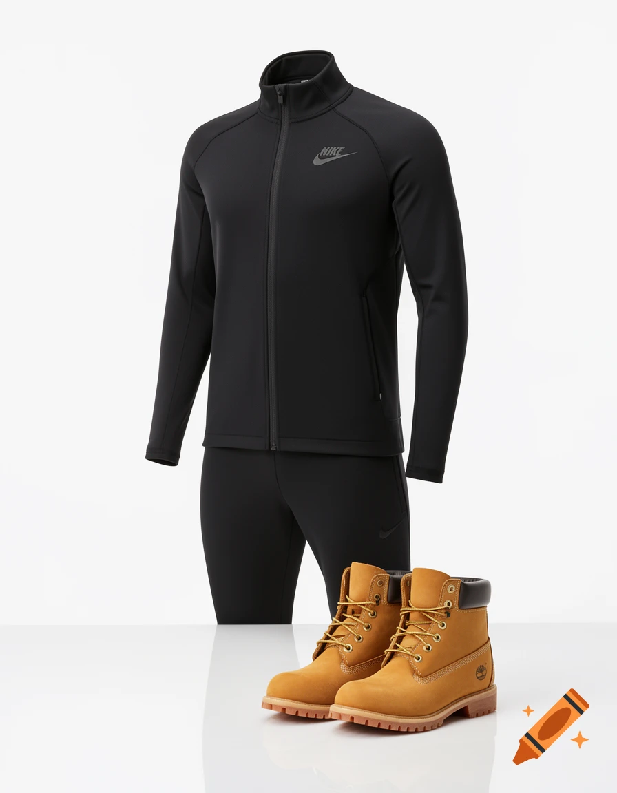 A black Nike tech tracksuit and a pair of beige Timberland boots on a white surface.