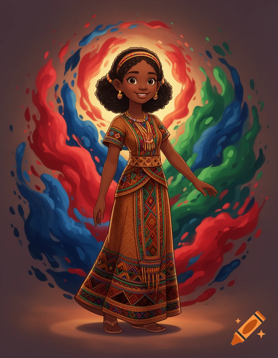 A smiling cartoon girl in an ornate, traditional brown dress with colorful patterns, against a vibrant swirling background.