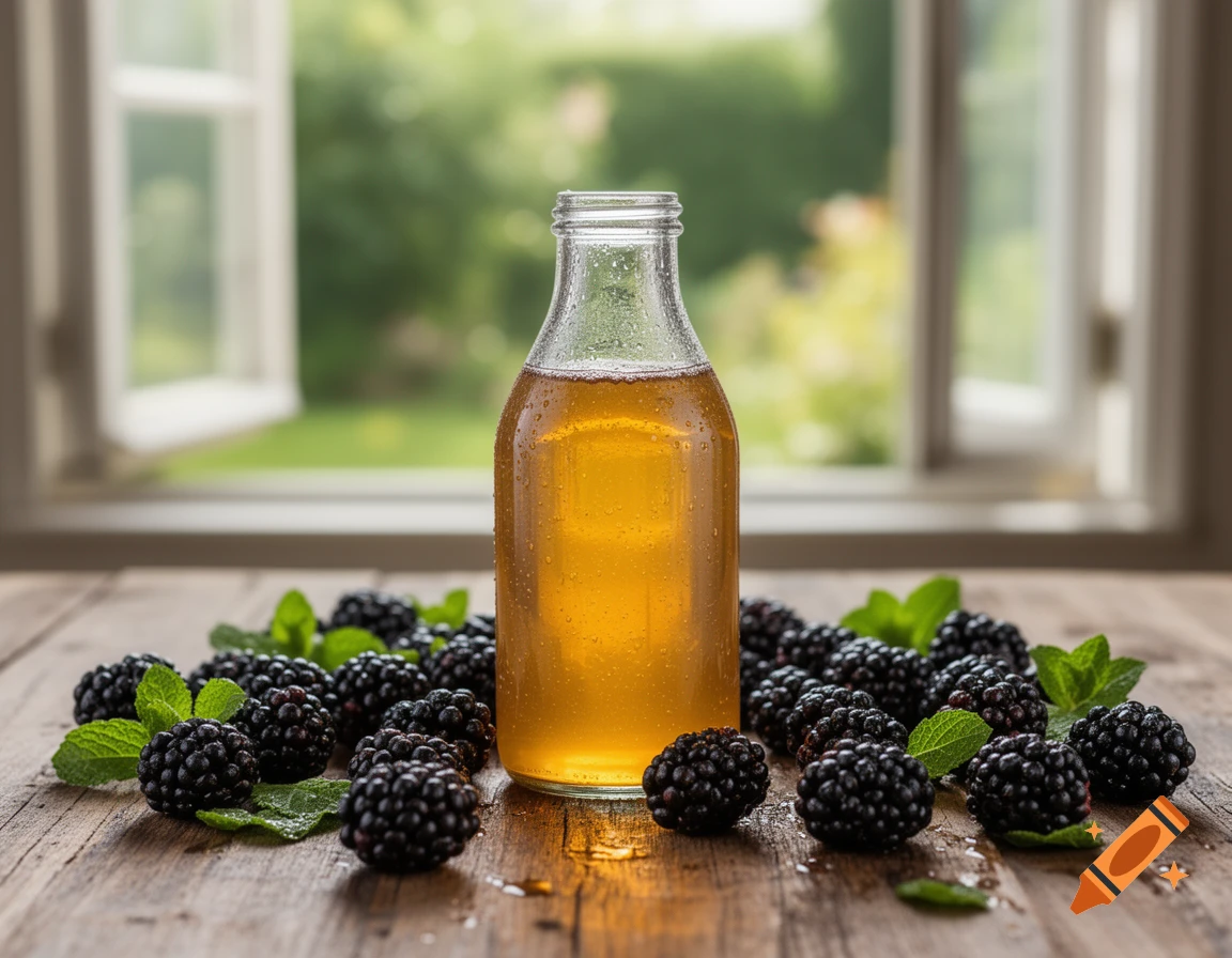 Photorealistic image of a bottle of kombucha surrounded by fresh blackberries and mint leaves on a wooden table.