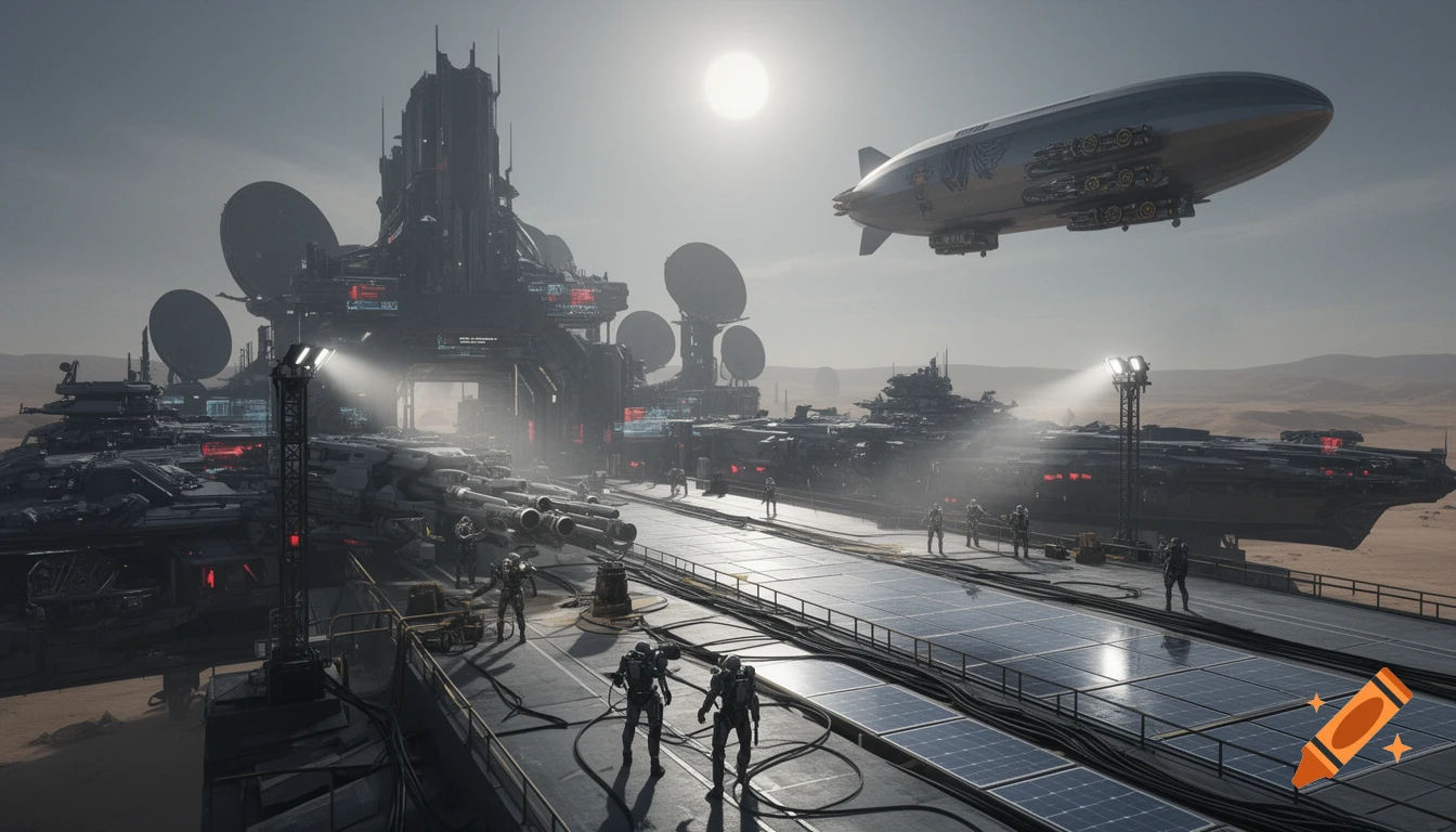 Futuristic military spaceport in a desert. Dark buildings, a large airship, and armored figures on a platform with solar panels.