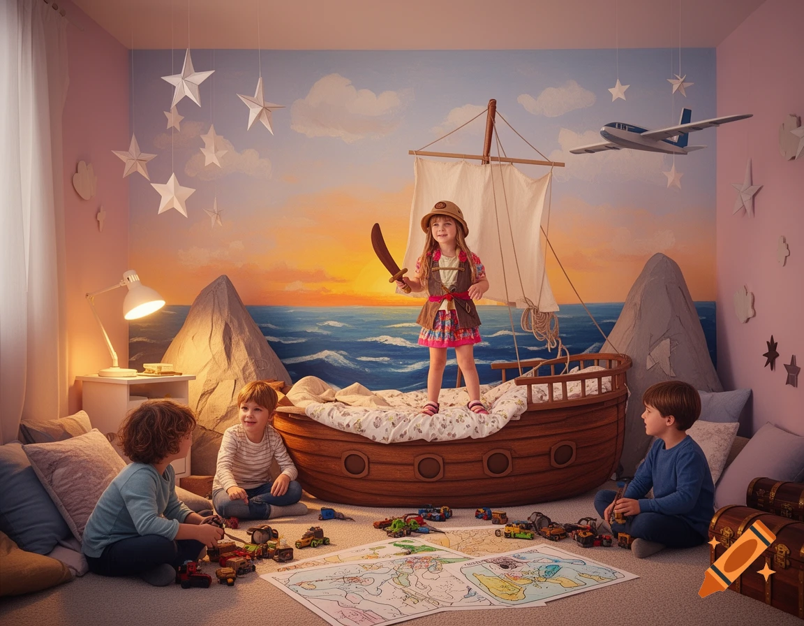 Three children playing in a bedroom with a fantasy mural. A girl in a pirate costume stands in a boat bed, while two boys play with toys on a map.