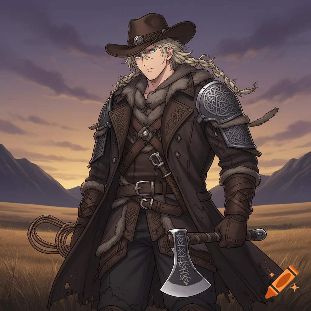 Anime-style Viking cowboy with blonde braids, a cowboy hat, fur-lined coat, and armor, holding an axe and lasso in a grassy field.