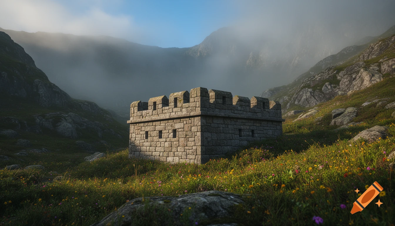 Photorealistic image of a stone fort with battlements in a green, wildflower-filled mountain valley, partly obscured by mist.