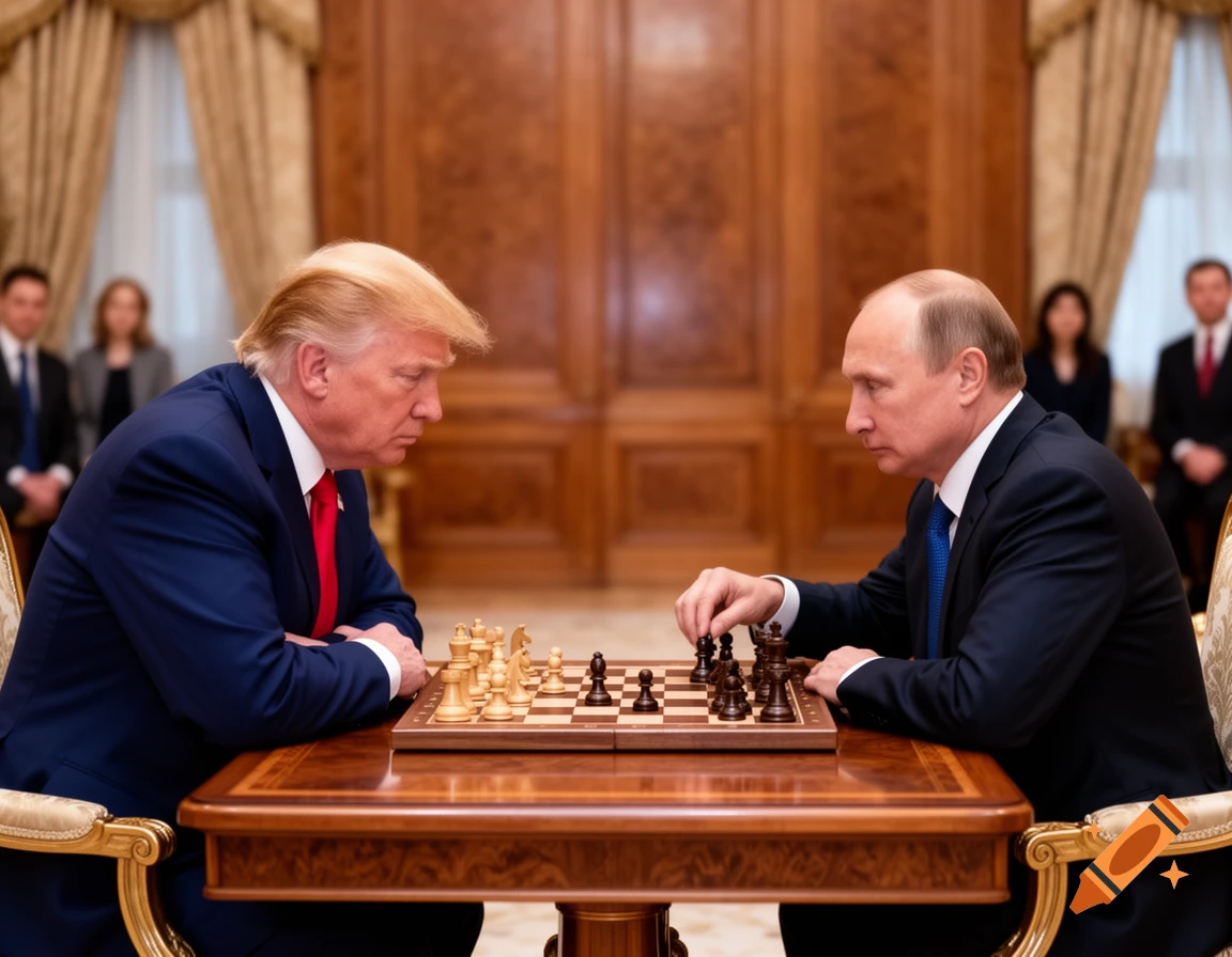 Donald Trump and Vladimir Putin intently playing chess in a formal, ornate room, captured in a high-quality photograph.