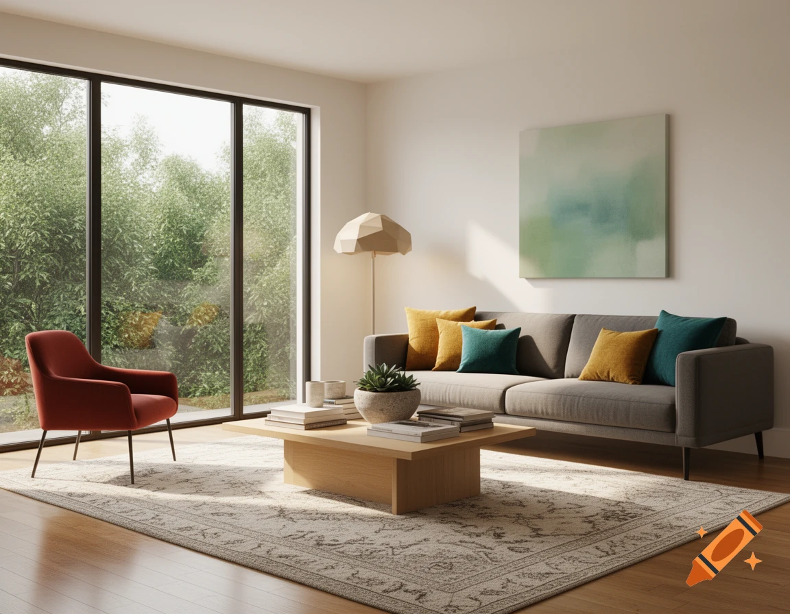 A modern living room with a gray sofa, a red armchair, a wooden coffee table, and a large window looking out onto green trees.