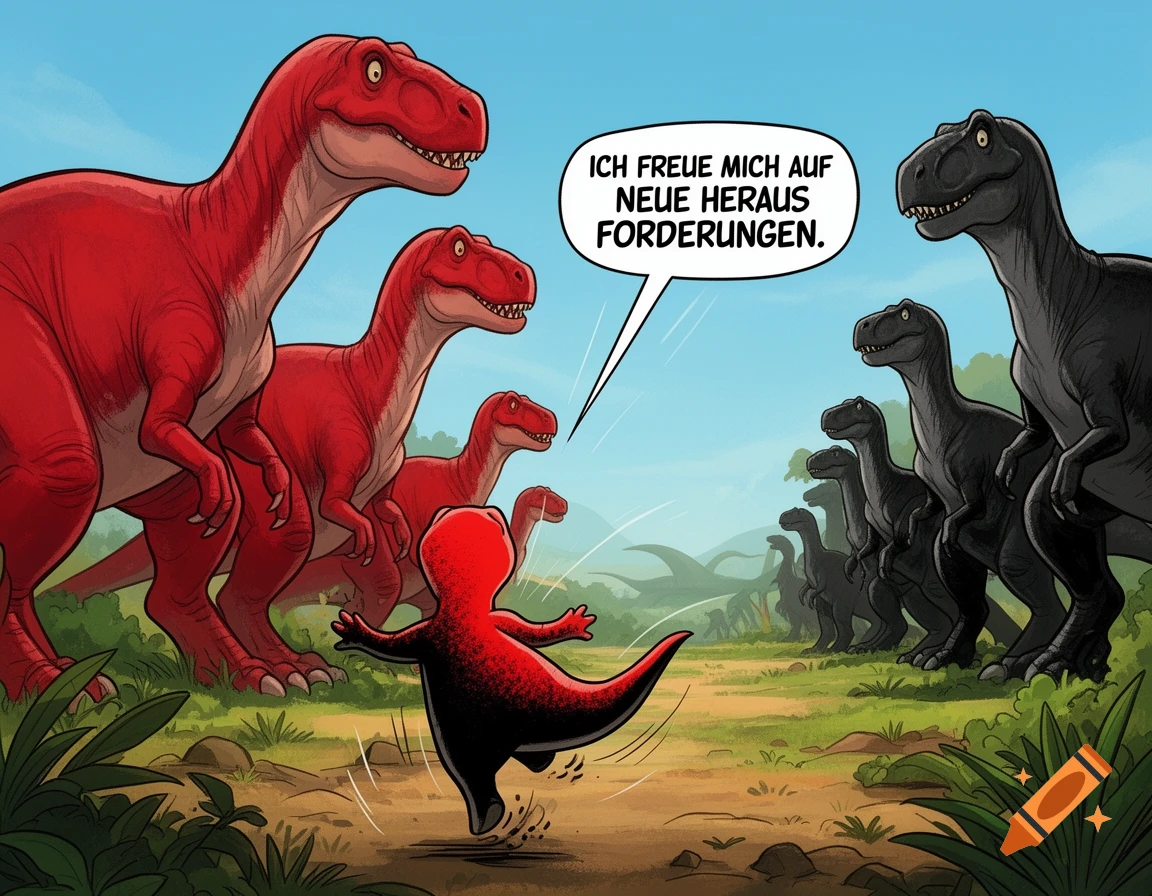 Cartoon of a small red and black dinosaur running towards large black dinosaurs. Red dinosaurs watch. Speech bubble: 'ICH FREUE MICH AUF NEUE HERAUSFORDERUNGEN.'