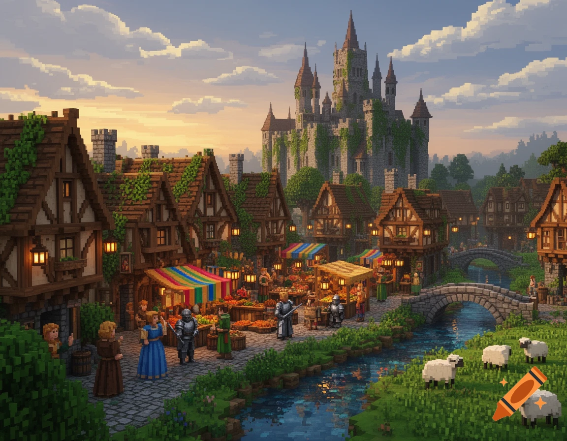 A vibrant voxel art medieval fantasy town with a bustling market, a flowing river with sheep, and a grand castle in the background at sunset.